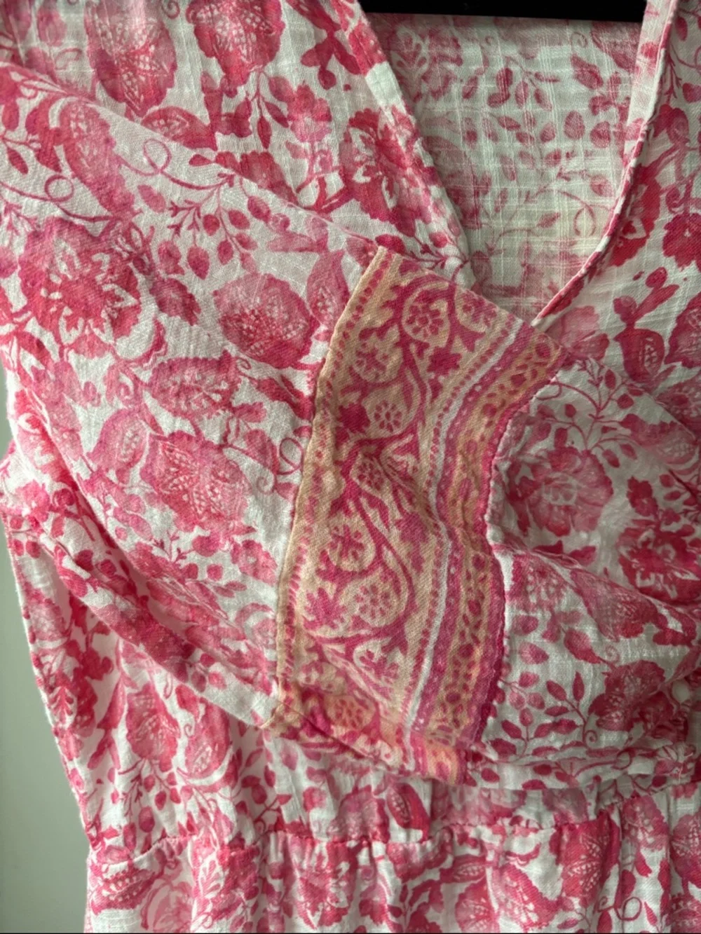 Zara Dress Womens Medium Pink White Floral V-Neck Tiered Tunic Ballon Sleeve - Picture 5 of 7